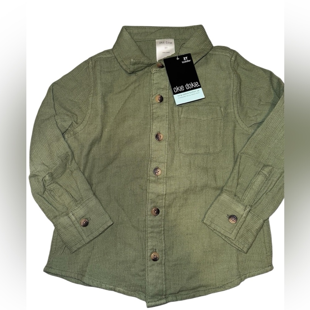 NWT Okie Dokie Green Button Down Shirt Long Sleeve Boy 3T